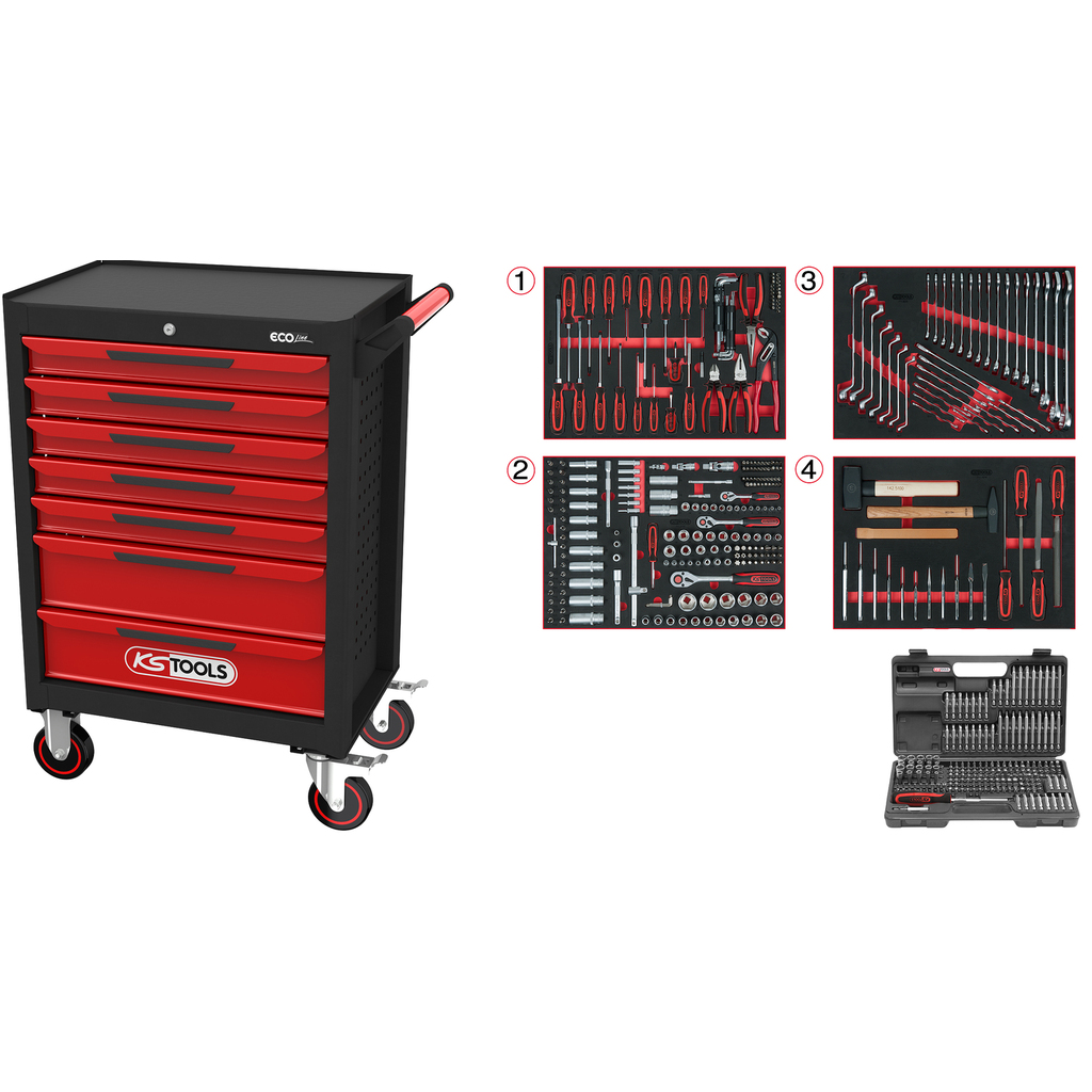 ECOline SCHWARZ/ROT Werkstattwagen mit 7 Schubladen und 515  