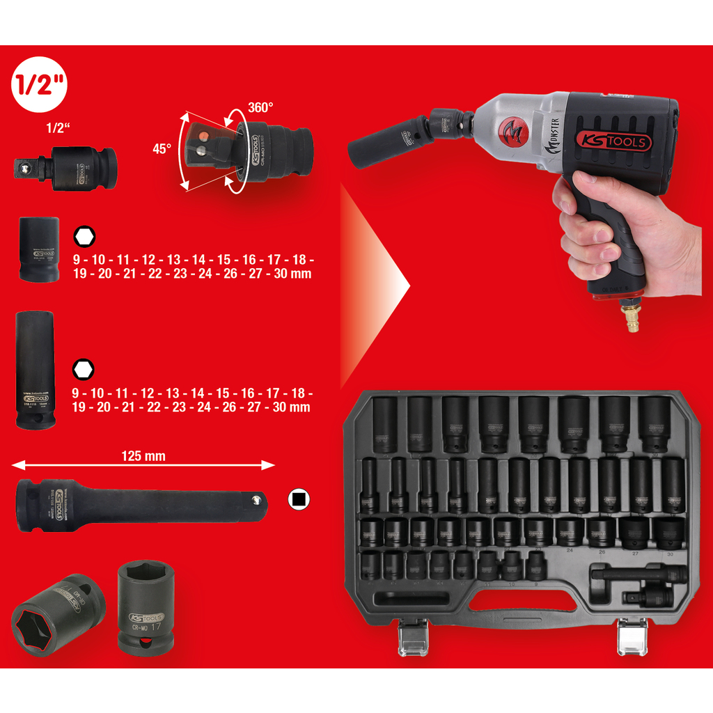 KS Tools 515.0900 1/2 Dopsleutelset, twaalfkant, kracht, kort, 13-dlg