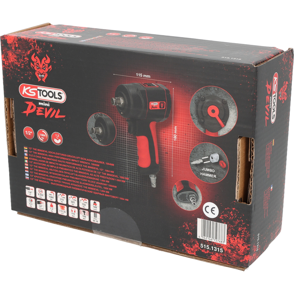 KS Tools 515.1200 The Devil High Performance Compressed Air Impact Wrench, Black/Red, 1/2 Inch, Max. Release Torque 1600 Nm & 515.1005 1/2 Inch Aluminium Rims Power Socket Set, 3-Piece - View #8