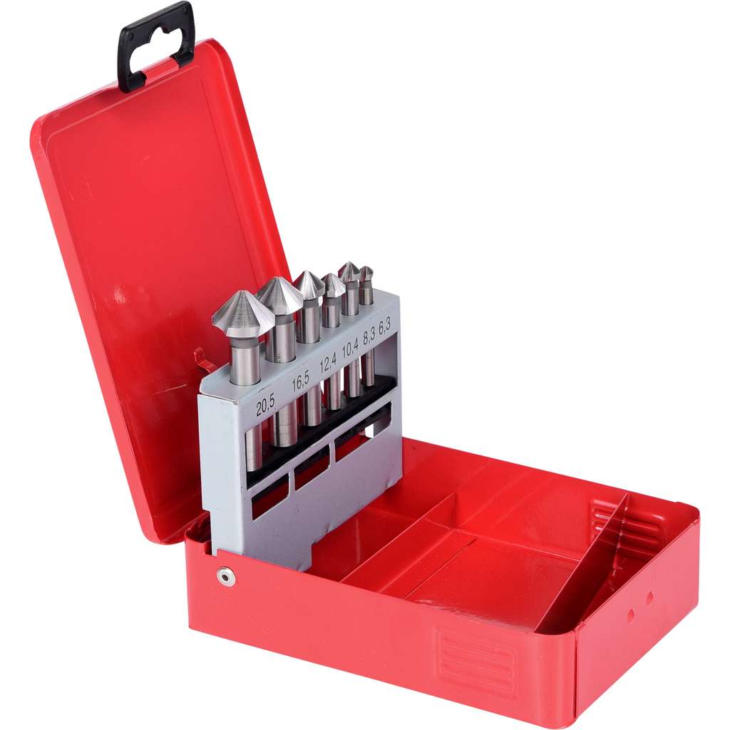 Produktbild von KS Tools 336.0406 Kegel- & Entgratsenker-Satz 6-teilig – HSS, DIN335 Form C, 90°, Rechtschneidend – Für Stahl, Guss & Leichtmetalle